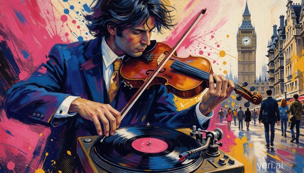 Ilustração pop-art com instrumentos de cordas orquestrais, disco de vinil girando e rua de Londres com pedestres em paleta azul, rosa e dourado
