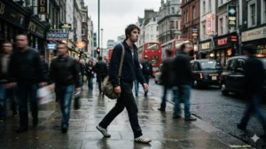 Homem de jaqueta preta caminhando por uma calçada movimentada de Londres sob luz fria dramática em estilo cinematográfico dos anos 90.