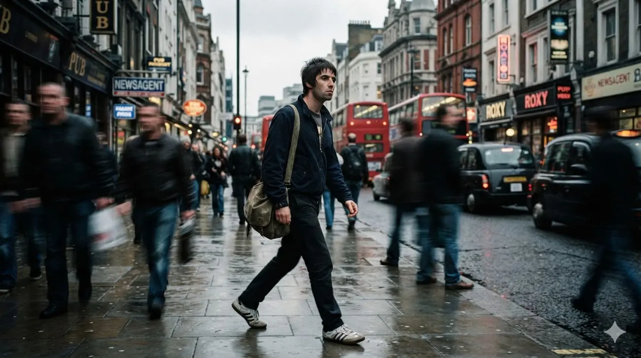 Homem de jaqueta preta caminhando por uma calçada movimentada de Londres sob luz fria dramática em estilo cinematográfico dos anos 90.