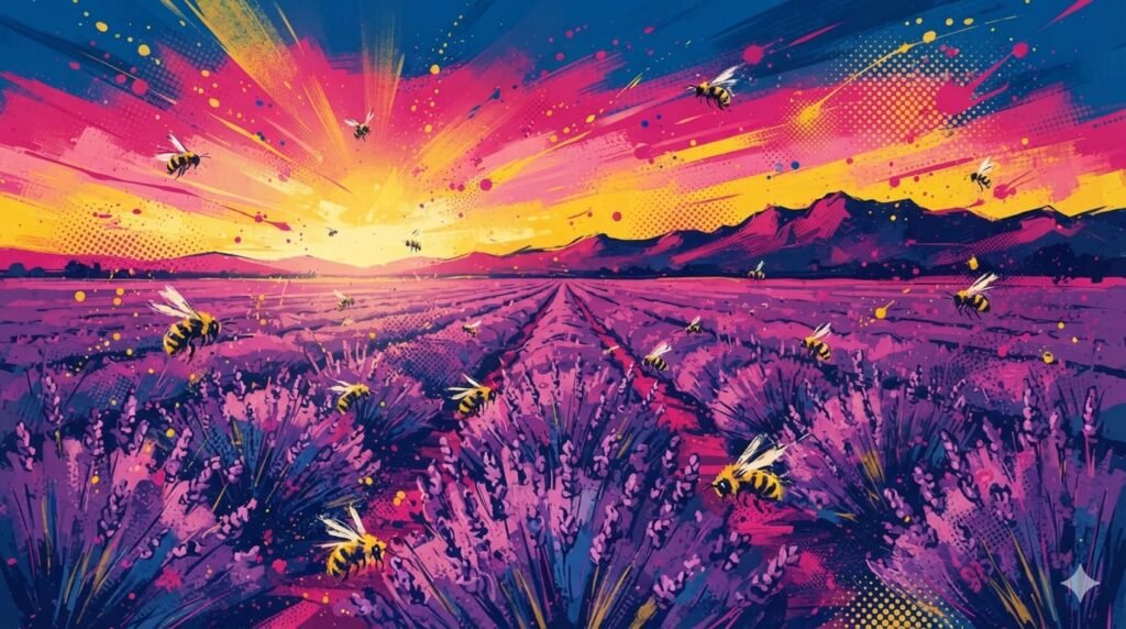 Ilustração pop-art com fileiras infinitas de lavanda roxa até o horizonte, luz dourada de pôr do sol, abelhas voando e montanhas ao fundo em paleta azul, rosa e dourado