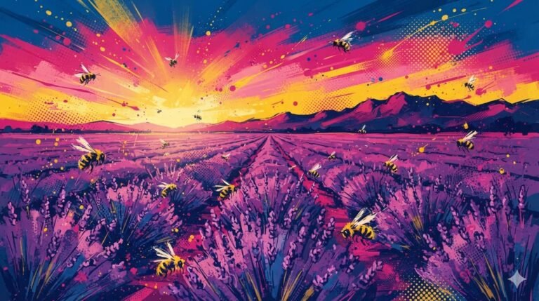 Ilustração pop-art com fileiras infinitas de lavanda roxa até o horizonte, luz dourada de pôr do sol, abelhas voando e montanhas ao fundo em paleta azul, rosa e dourado