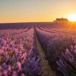 Paisagem de um vasto campo de lavanda florido na Provence, França, iluminado pelo pôr do sol, com fileiras roxas infinitas.