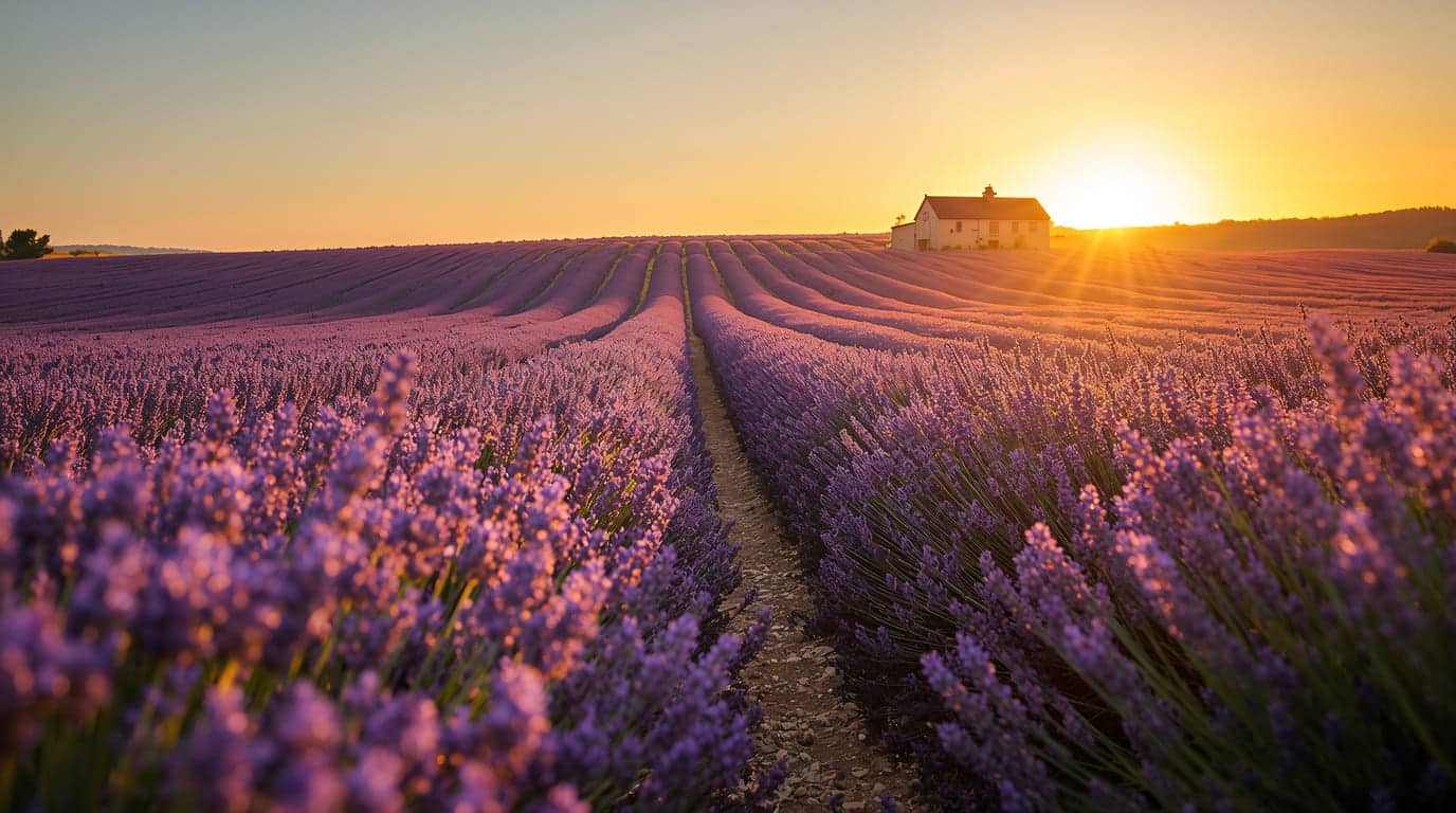 Paisagem de um vasto campo de lavanda florido na Provence, França, iluminado pelo pôr do sol, com fileiras roxas infinitas.