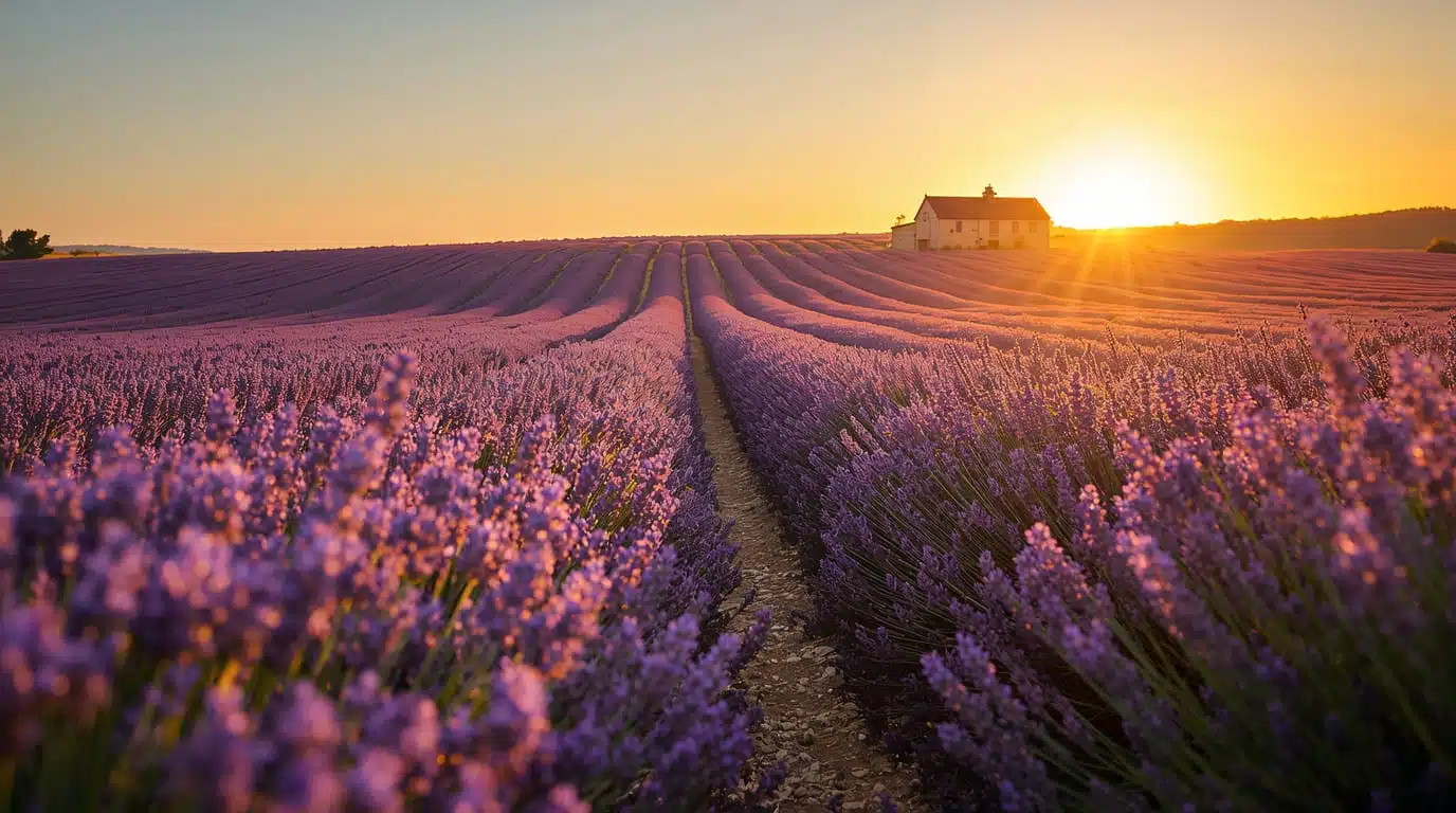 Paisagem de um vasto campo de lavanda florido na Provence, França, iluminado pelo pôr do sol, com fileiras roxas infinitas.