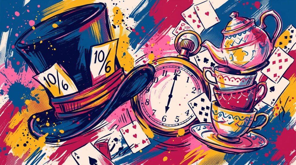 Ilustração pop-art com cartola com etiqueta 10/6, xícaras de chá, cartas de baralho e relógio de bolso marcando 18:00 em paleta azul, rosa e dourado