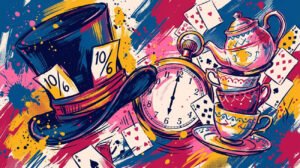 Ilustração pop-art com cartola com etiqueta 10/6, xícaras de chá, cartas de baralho e relógio de bolso marcando 18:00 em paleta azul, rosa e dourado