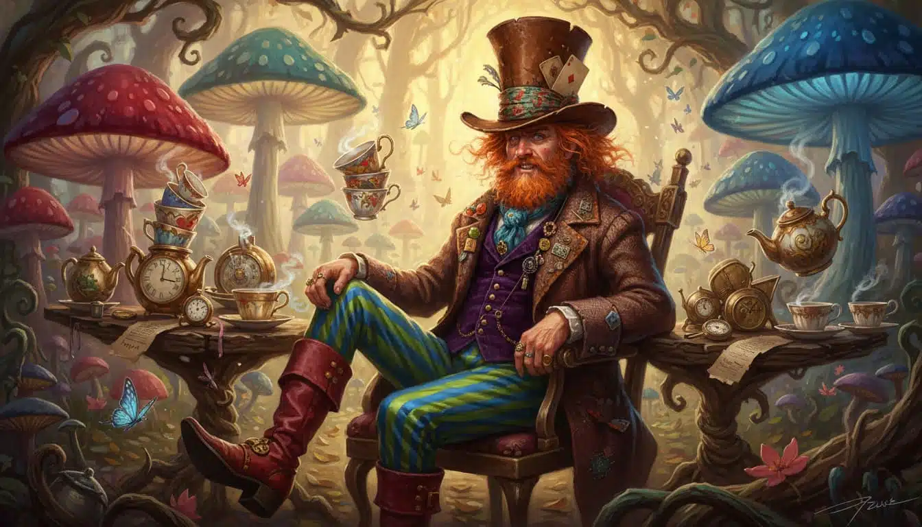 Ilustração artística de um Chapeleiro Maluco excêntrico sentado em uma mesa de chá na floresta, usando uma cartola grande e roupas coloridas.