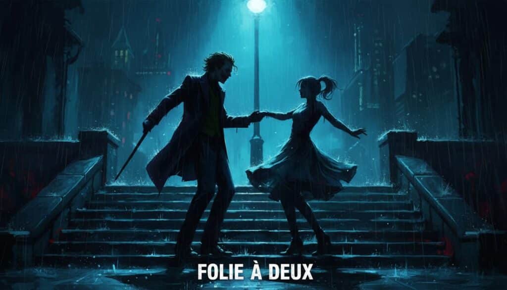 curinga-arlequina-folie-a-deux-danca-musical Pintura digital artística mostrando as silhuetas do Curinga e Arlequina dançando na chuva sob um holofote, representando o filme Folie à Deux