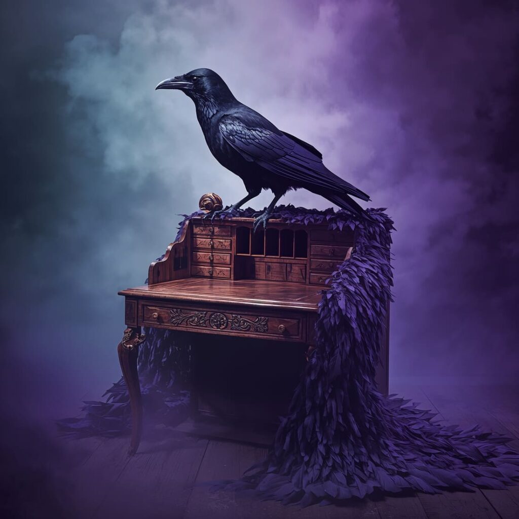 enigma-corvo-escrivaninha-alice-pais-maravilhas Arte surrealista mostrando um corvo preto pousado sobre uma escrivaninha antiga que se transforma em penas.