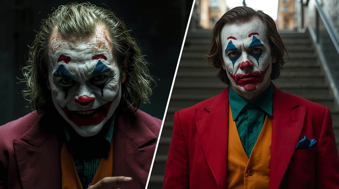 Comparativo lado a lado do rosto do Curinga de Heath Ledger (Batman O Cavaleiro das Trevas) e Joaquin Phoenix (Joker), mostrando a diferença na maquiagem. Imagem criada com IA.