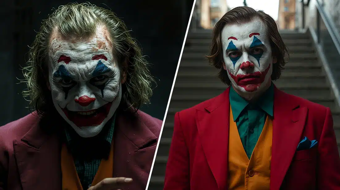 Comparativo lado a lado do rosto do Curinga de Heath Ledger (Batman O Cavaleiro das Trevas) e Joaquin Phoenix (Joker), mostrando a diferença na maquiagem. Imagem criada com IA.