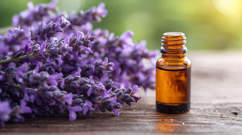 Close-up detalhado de flores de lavanda roxas com um frasco de óleo essencial desfocado ao fundo.