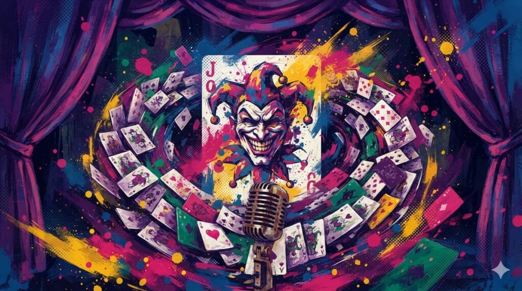 Ilustração pop-art com carta de coringa, paleta roxa e verde, redemoinho de cartas de baralho e cortinas teatrais em paleta azul, rosa e dourado