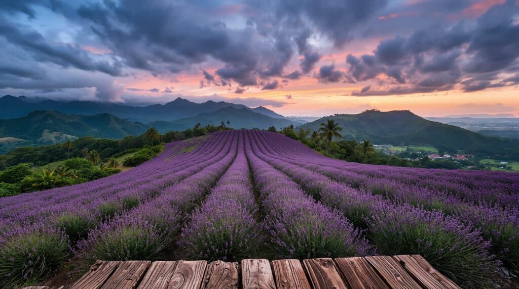 Vista panorâmica do O Lavandário em Cunha, São Paulo, mostrando a plantação de lavanda no topo da montanha durante o entardecer. Imagem criada com IA