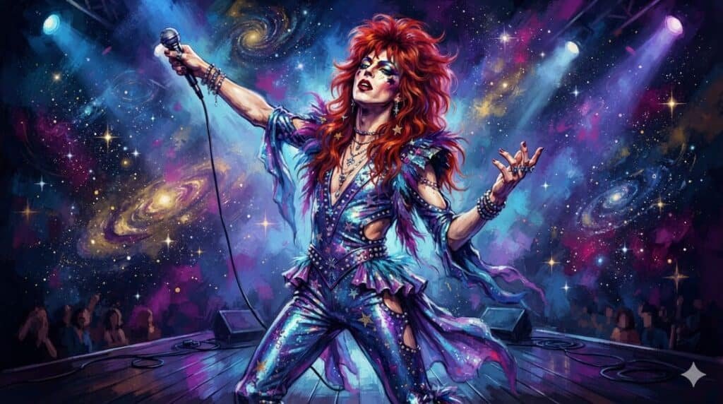 Ilustração de artista glam rock em pose de palco com fundo espacial remetendo a Life on Mars