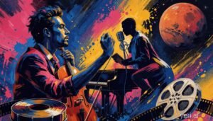 Ilustração pop-art com piano de cauda e cordas orquestrais, planeta Marte em fundo cósmico, microfone vintage e rolo de filme em paleta azul, rosa e dourado