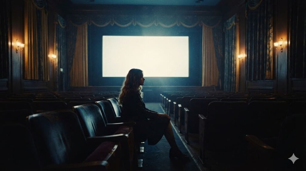 Jovem sentada sozinha em cinema vazio, cena que remete ao tema de escapismo da letra de Life on Mars