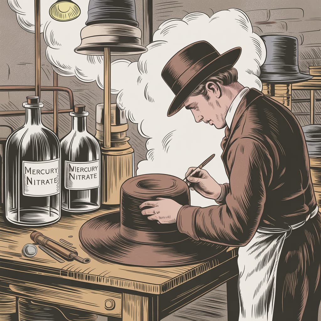 oficina-chapeleiro-seculo-xix-mercurio lustração estilo antigo mostrando uma oficina de chapéus do século XIX com garrafas de produtos químicos e mercúrio sobre a mesa.