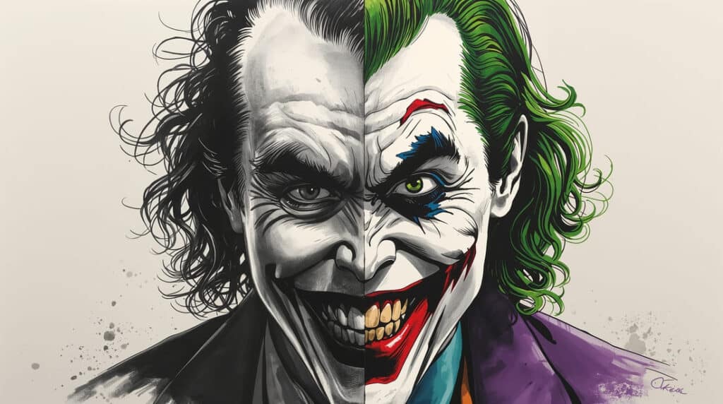 origem-curinga-inspiracao-conrad-veidt-homem-que-ri Ilustração artística comparando o ator Conrad Veidt em O Homem Que Ri com o desenho clássico do Curinga nos quadrinhos de 1940.