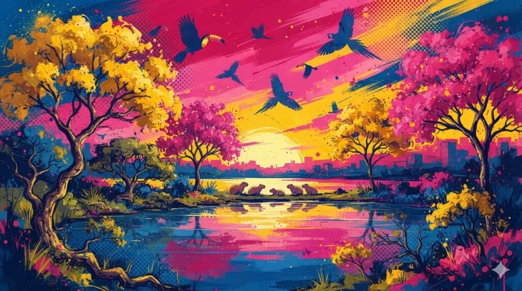 Ilustração pop-art com vegetação do Cerrado, ipês floridos, lago tranquilo refletindo pôr do sol, tucanos e araras voando, capivaras próximas à água em paleta azul, rosa e dourado
