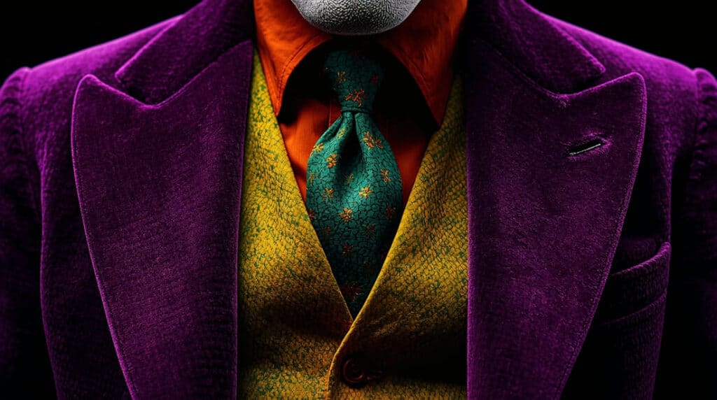 psicologia-cores-curinga-roxo-verde-traje Detalhe em close do terno roxo e colete verde do Curinga, destacando o contraste e a textura dos tecidos.