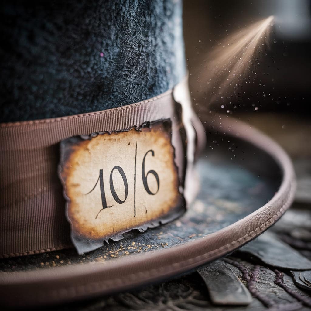 significado-etiqueta-10-6-chapeu Close detalhado da etiqueta antiga presa à cartola do Chapeleiro com os números 10/6 escritos à mão.