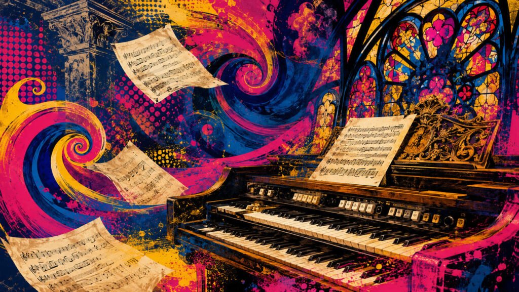 Ilustração pop-art com teclado de órgão Hammond vintage, partituras barrocas flutuando e vitrais psicodélicos dos anos 60 em paleta azul, rosa e dourado