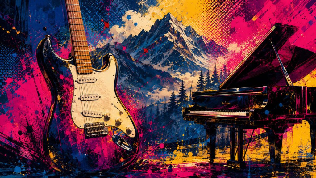 Ilustração pop-art com guitarra elétrica vintage, piano de cauda e paisagem montanhosa com pinheiros em paleta azul, rosa e dourado