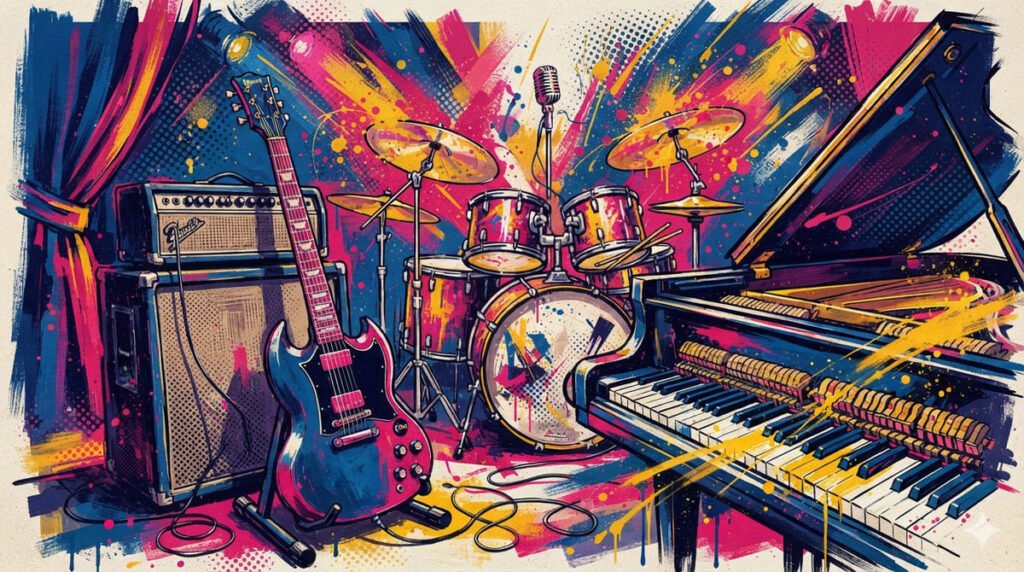 Ilustração pop-art com guitarra elétrica vintage, teclas de piano e bateria com pratos em paleta azul, rosa e dourado, estética rock dos anos 70