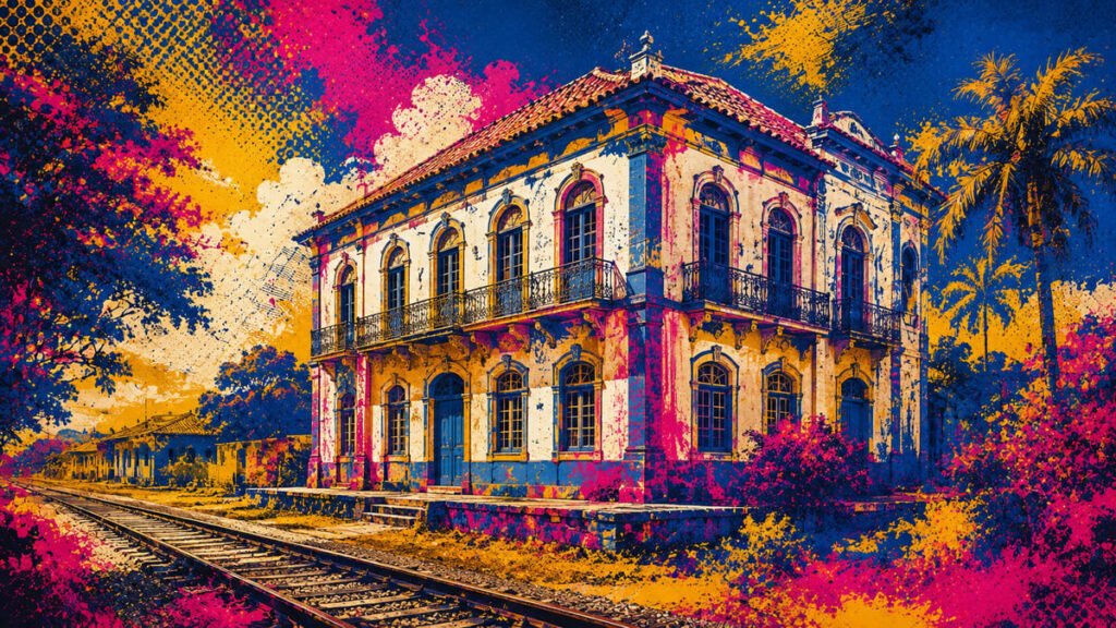 Ilustração pop-art com sobrado histórico de arquitetura europeia, varandas ornamentadas e trilhos ferroviários antigos em paleta azul, rosa e dourado
