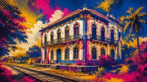 Ilustração pop-art com sobrado histórico de arquitetura europeia, varandas ornamentadas e trilhos ferroviários antigos em paleta azul, rosa e dourado