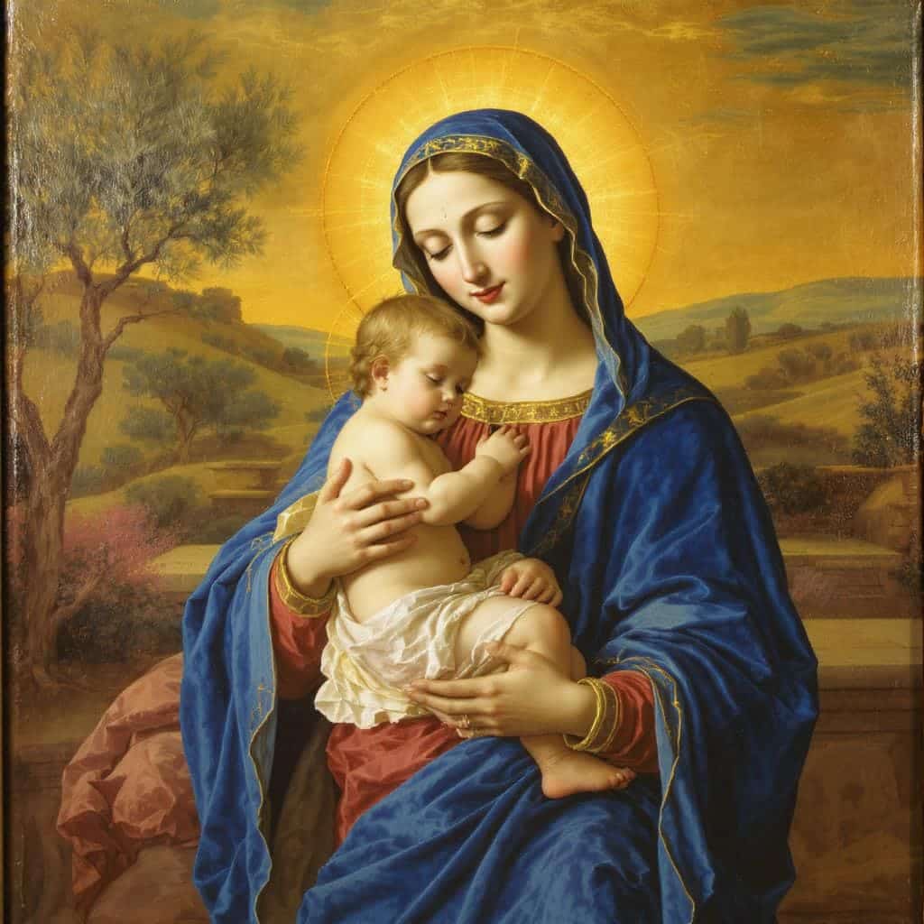 Retrato renascentista da Virgem Maria com o Menino Jesus nos braços, em jardim italiano sereno.