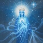 Abstração contemporânea da Virgem Maria como figura celestial com coroa de estrelas.