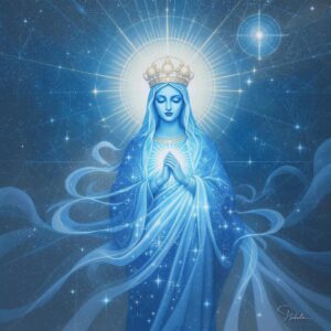 Abstração contemporânea da Virgem Maria como figura celestial com coroa de estrelas.
