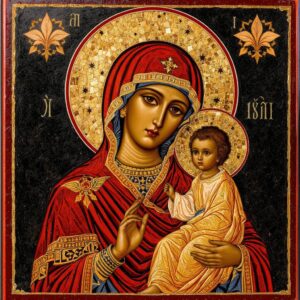 Ícone bizantino da Virgem Maria como Theotokos, entronizada com o Cristo Menino.