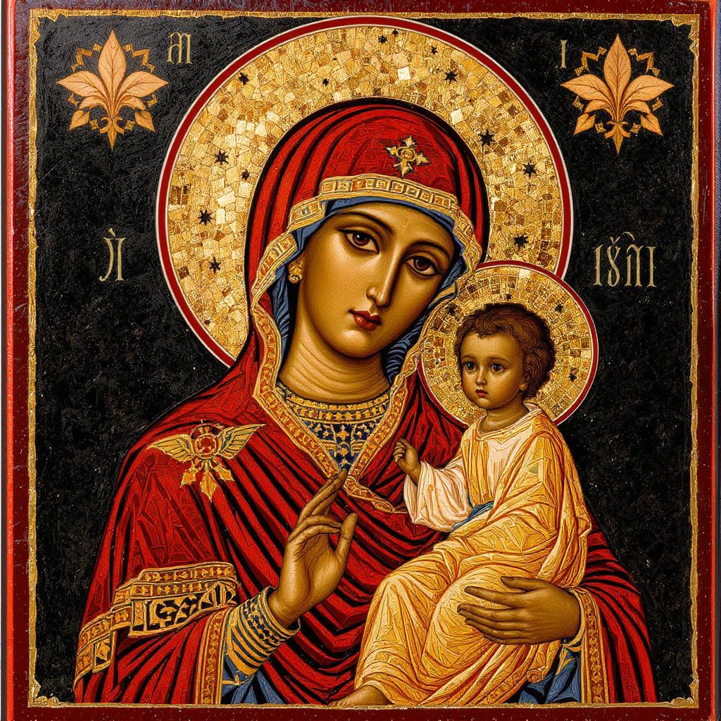 Ícone bizantino da Virgem Maria como Theotokos, entronizada com o Cristo Menino.