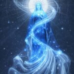 Abstração contemporânea da Virgem Maria como figura celestial com coroa de estrelas.
