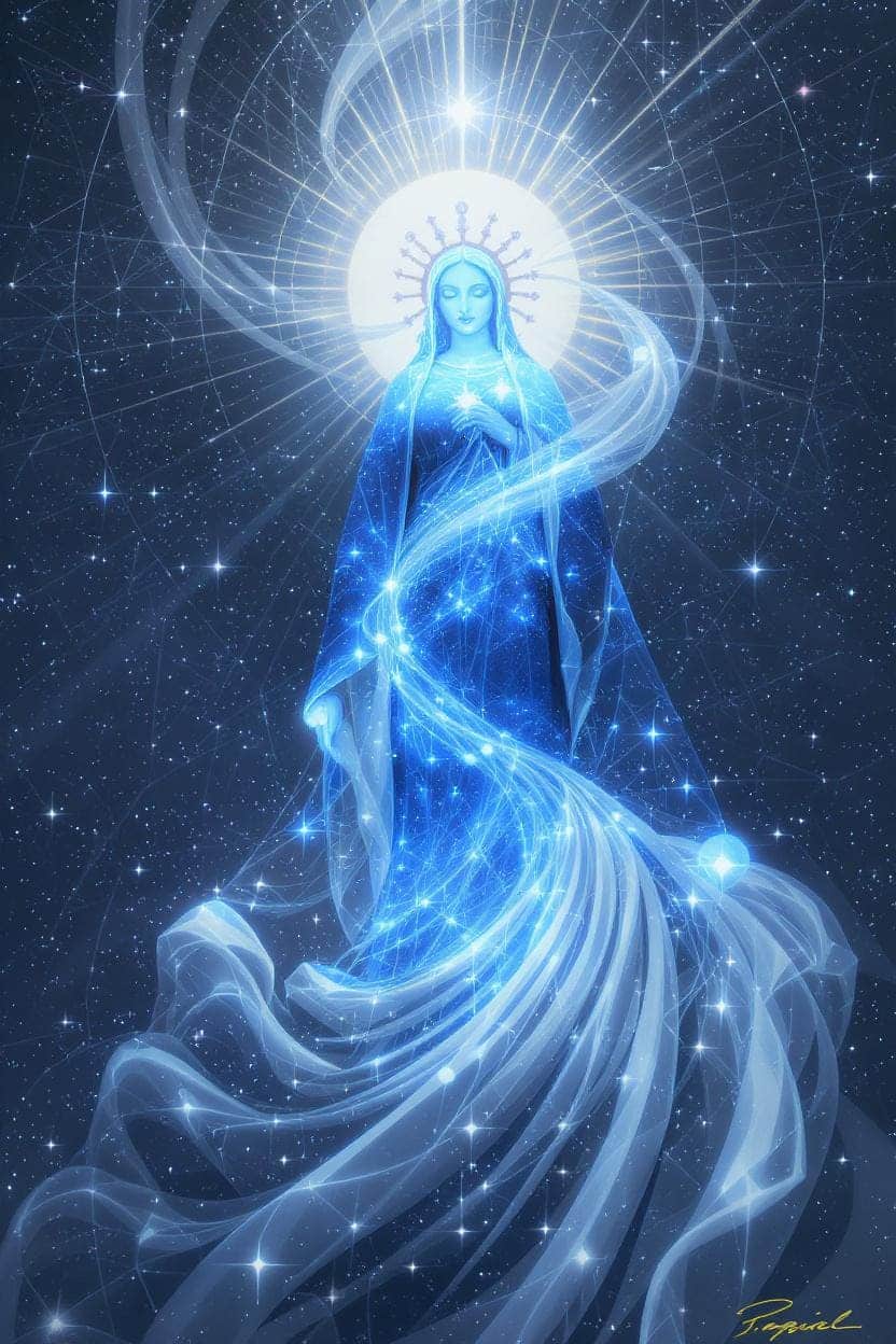 Abstração contemporânea da Virgem Maria como figura celestial com coroa de estrelas.