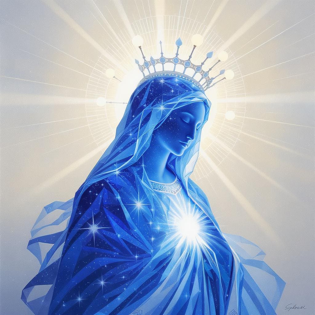 Abstração contemporânea da Virgem Maria como figura celestial com coroa de estrelas.