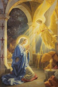 Anunciação da Virgem Maria com o Anjo Gabriel, luz divina iluminando a cena.