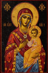 Ícone bizantino da Virgem Maria como Theotokos, entronizada com o Cristo Menino.
