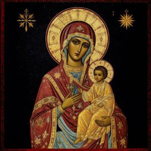 Ícone bizantino da Virgem Maria como Theotokos, entronizada com o Cristo Menino.