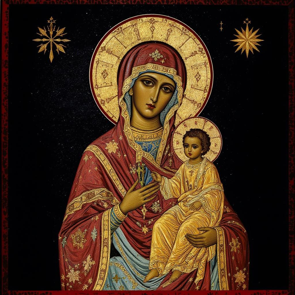 Ícone bizantino da Virgem Maria como Theotokos, entronizada com o Cristo Menino.