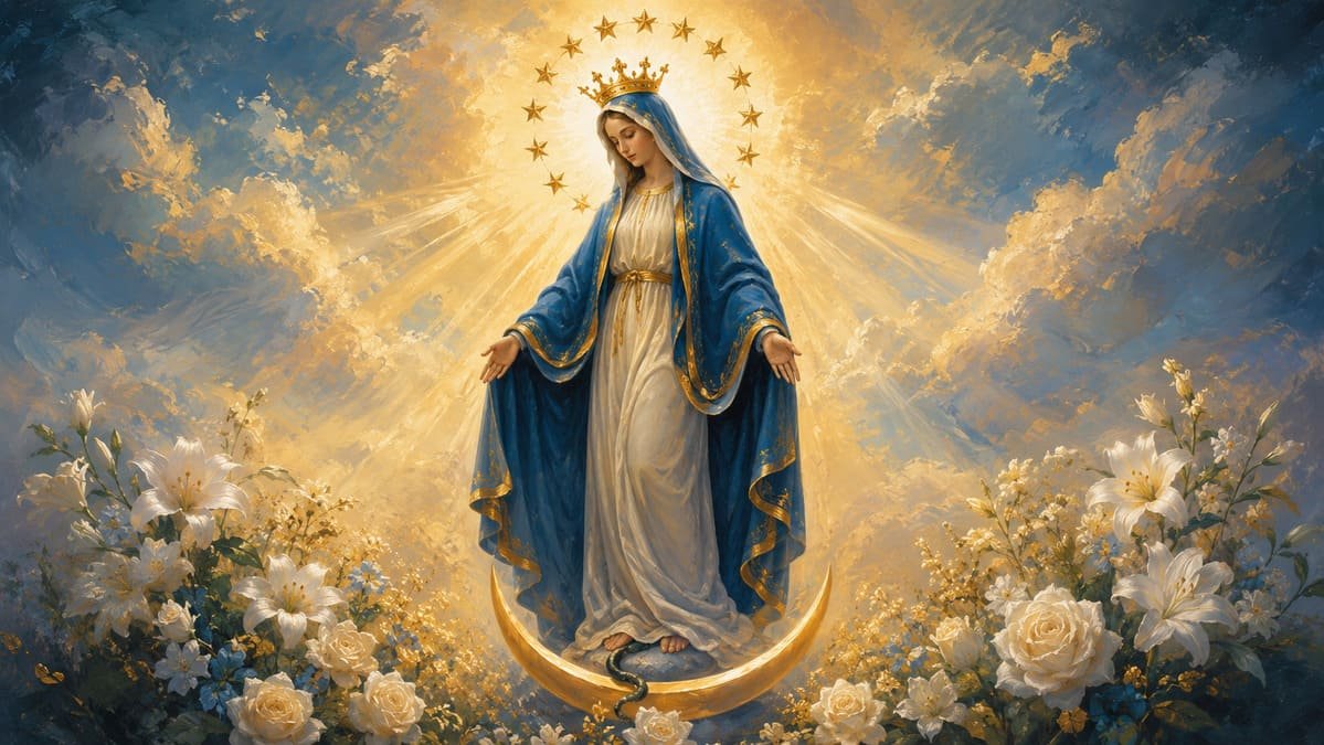 Ilustração serena da Virgem Maria com manto azul, auréola dourada, coroa de estrelas e lua sob os pés, em tons de azul e dourado, arte sacra reverente
