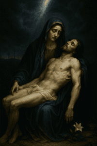 Pietà da Virgem Maria com Jesus crucificado, expressão de dor maternal.