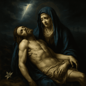 Pietà da Virgem Maria com Jesus crucificado, expressão de dor maternal.