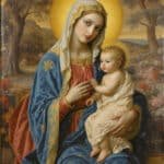 Retrato renascentista da Virgem Maria com o Menino Jesus nos braços, em jardim italiano sereno.