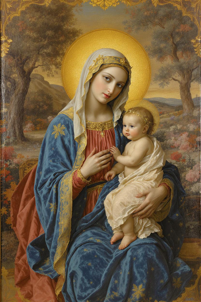 Retrato renascentista da Virgem Maria com o Menino Jesus nos braços, em jardim italiano sereno.