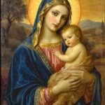 Retrato renascentista da Virgem Maria com o Menino Jesus nos braços, em jardim italiano sereno.