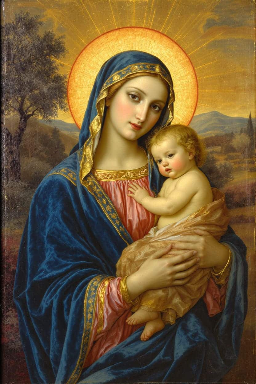 Retrato renascentista da Virgem Maria com o Menino Jesus nos braços, em jardim italiano sereno.